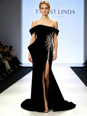 Black Off shoulder Maxi Dress A line Front Trust Linda