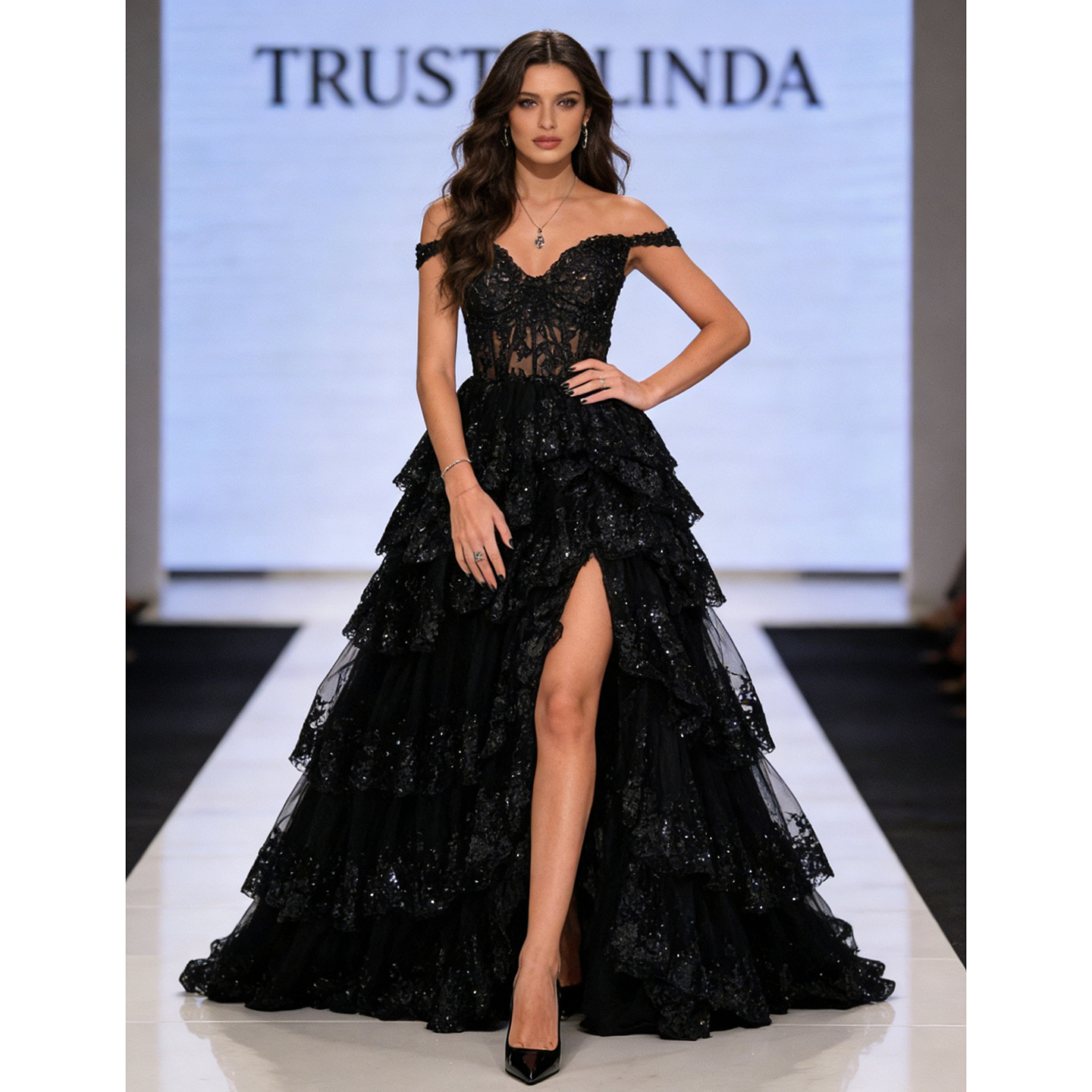 Forest Black Off Shoulder Long Dress Former Trust Linda (2)