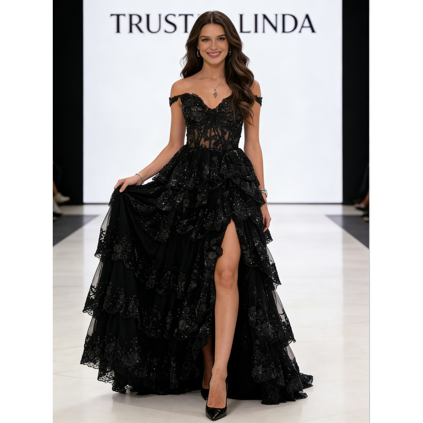 Forest Black Off Shoulder Long Dress Former Trust Linda